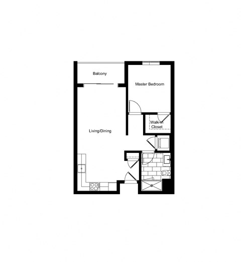 Floor plan for 1 bed, 1 bath, 629 sqft